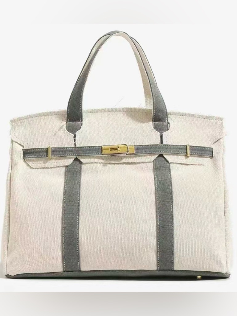 Boatkin Canvas Two-Tone Tote Bag - Gray With Gold Hardware